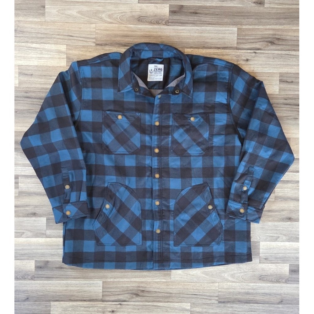 Zero Foxtrot Flannel Shacket 3XL Fleece Lined Blue Buffalo Plaid Workwear Grunge